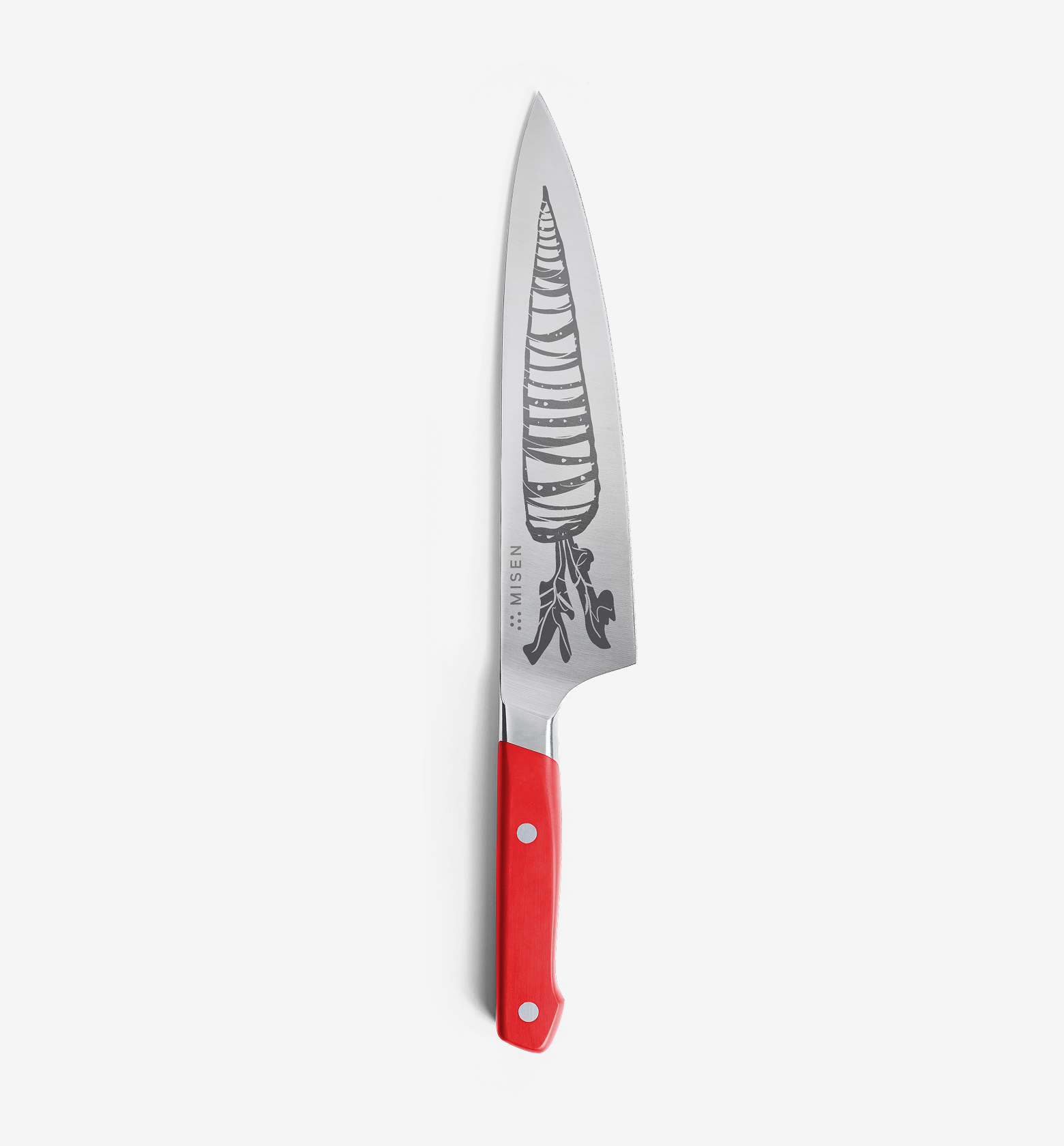 Misen chef's knife with red handle and carrot etching on blade