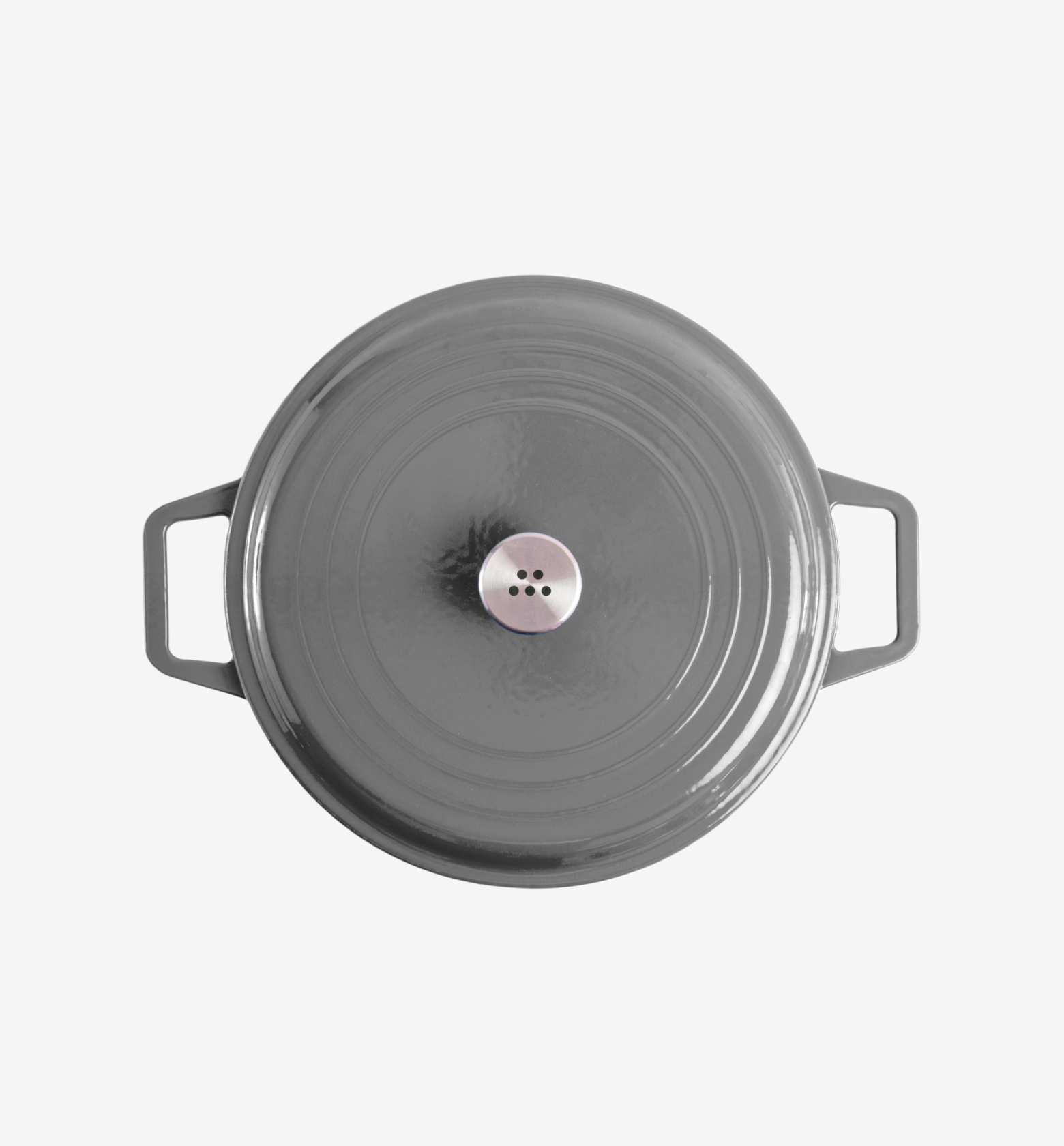 Gray enameled cast iron Dutch oven with stainless steel lid knob, top view